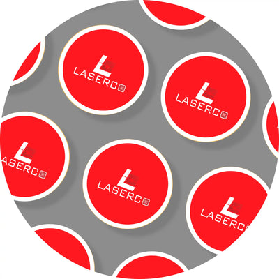 Red circular stickers with white ’LASERO’ logos arranged in a repeating pattern.
