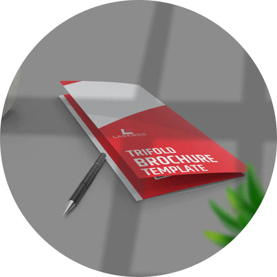 Red and white trifold brochure template with a pen beside it.