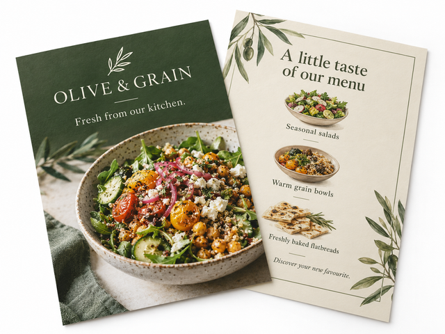 Illustrative design: OLIVE AND GRAIN double-sided restaurant flyer mockup