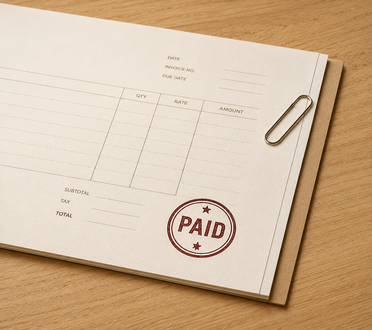 Round paid stamp impression on a business invoice