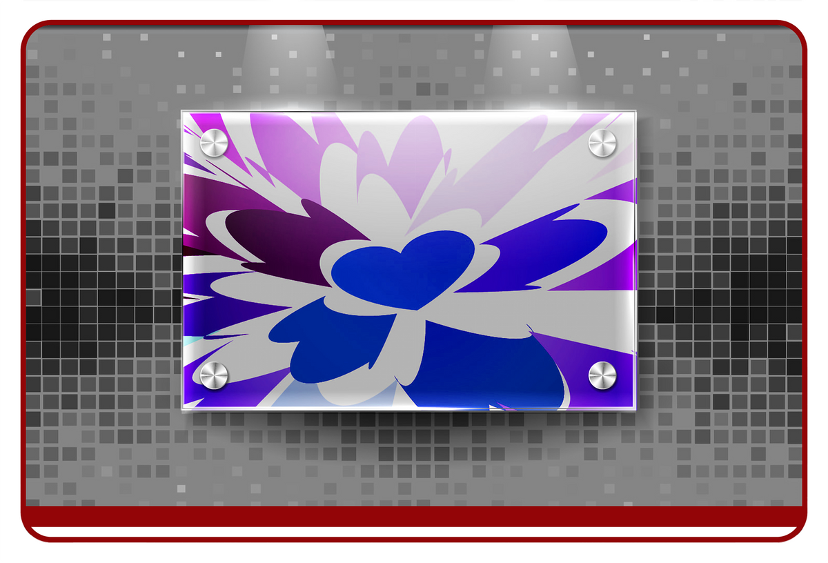 Decorative plate with a purple and blue floral design on a gray mosaic background