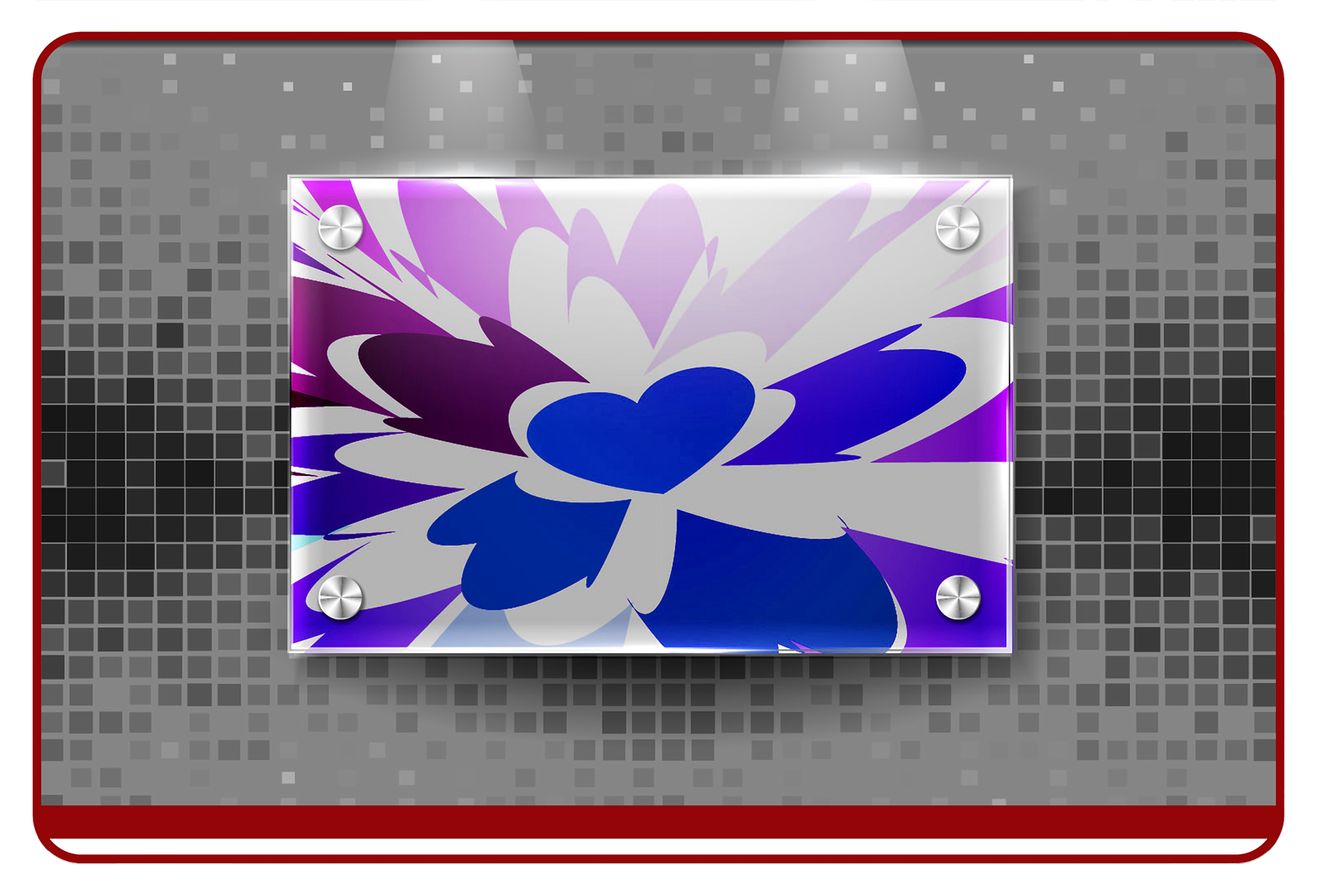 Decorative plate with a purple and blue floral design on a gray mosaic background