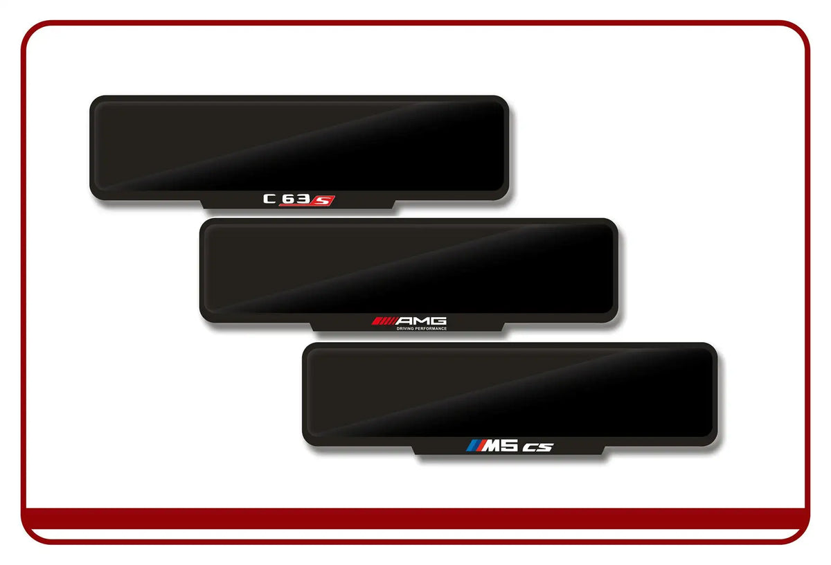 Black rectangular car door sill scuff plate with ’c63s’ and ’amg’ text, popular brand bmw model m5 cs.