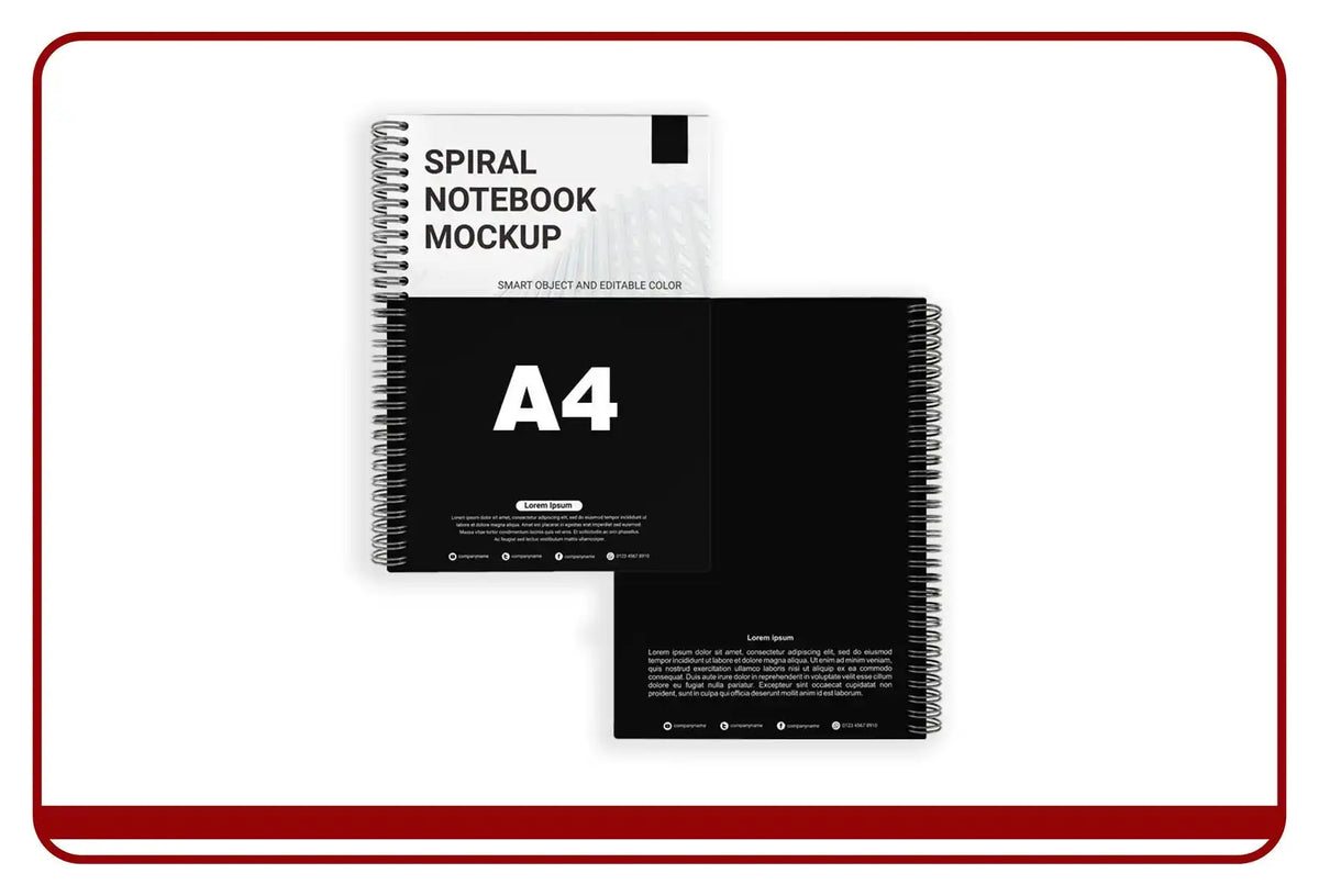 Black spiral notebook mockup with white text and design, a4 size.