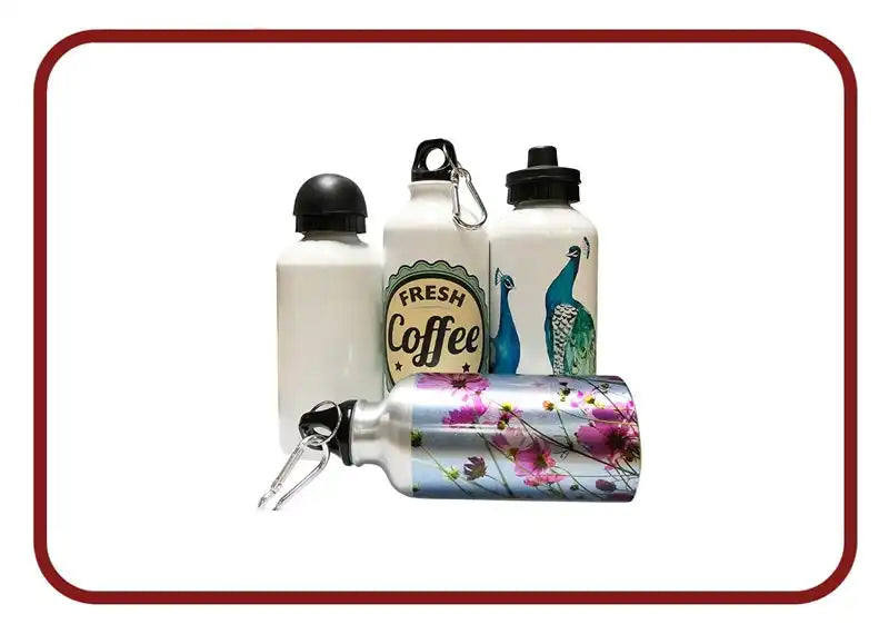 Collection of reusable water bottles and drink containers with different designs.