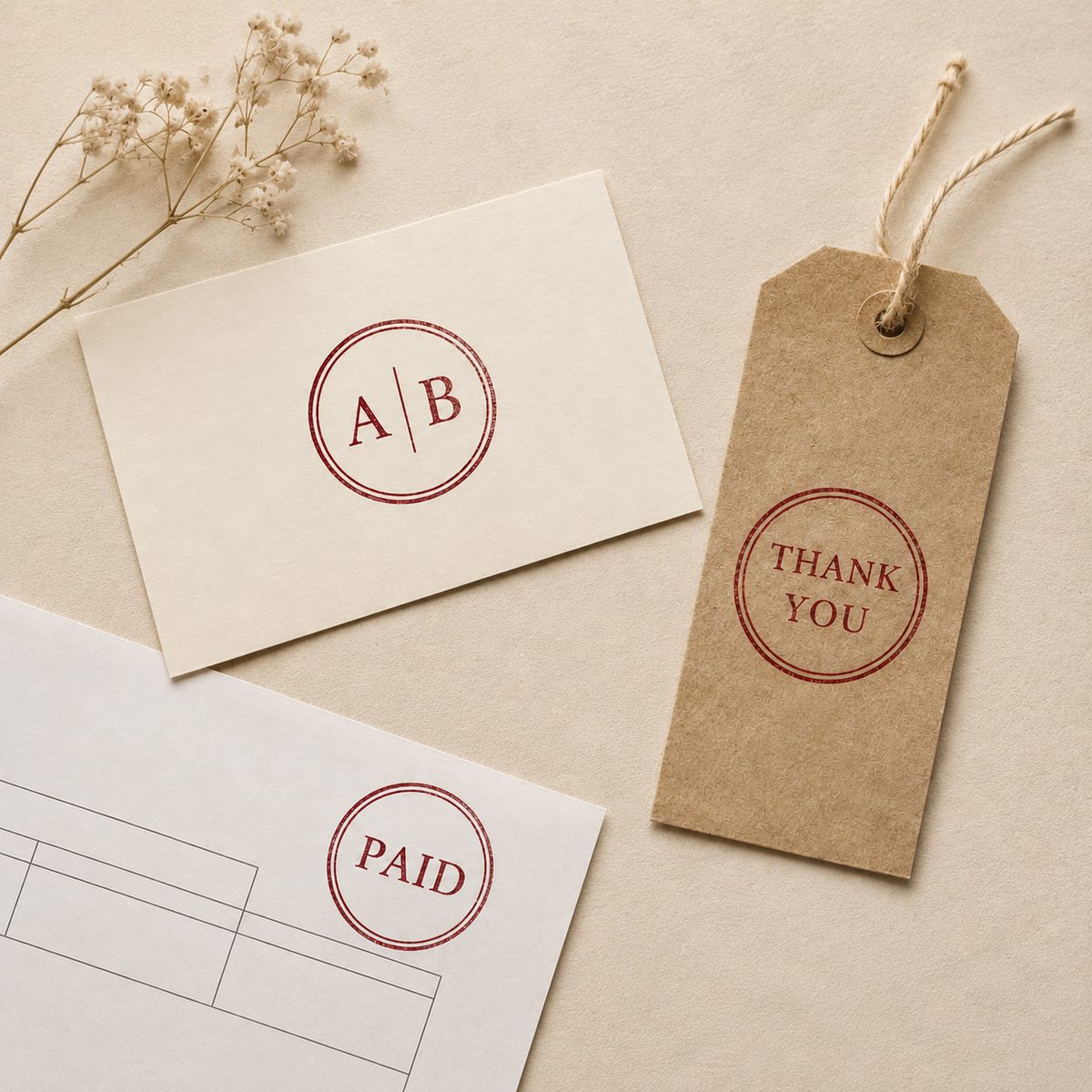 Custom round stamp impressions on cards, tags and business documents