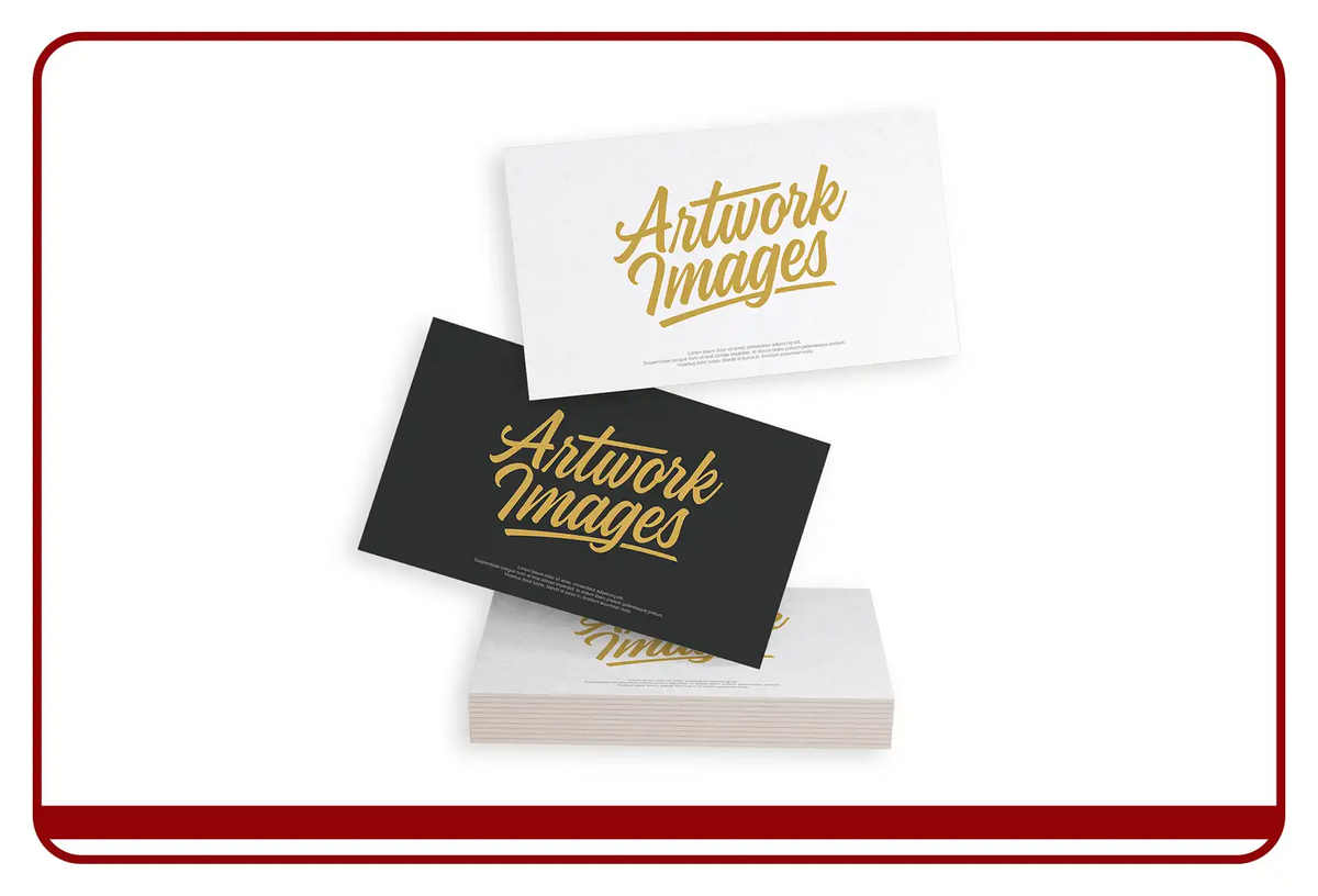 Gold foil business cards with ’artwork images’ text on white and black backgrounds.