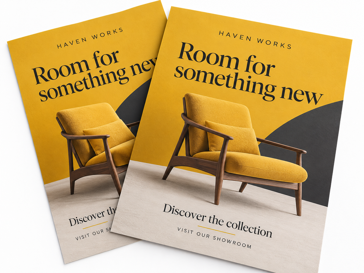 Illustrative design: HAVEN WORKS furniture advertising flyer mockup