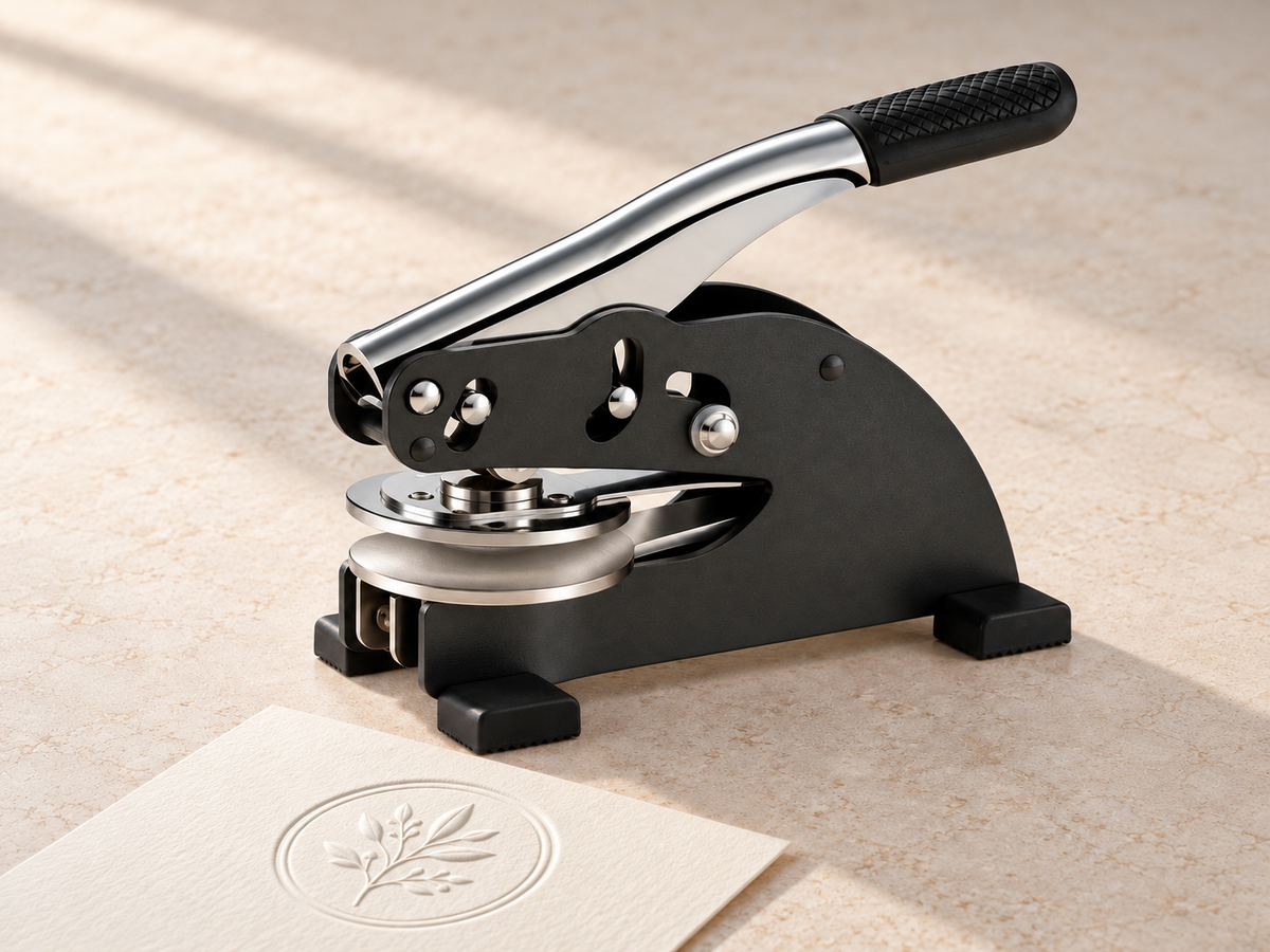 Desktop embossing stamp with raised botanical seal on paper
