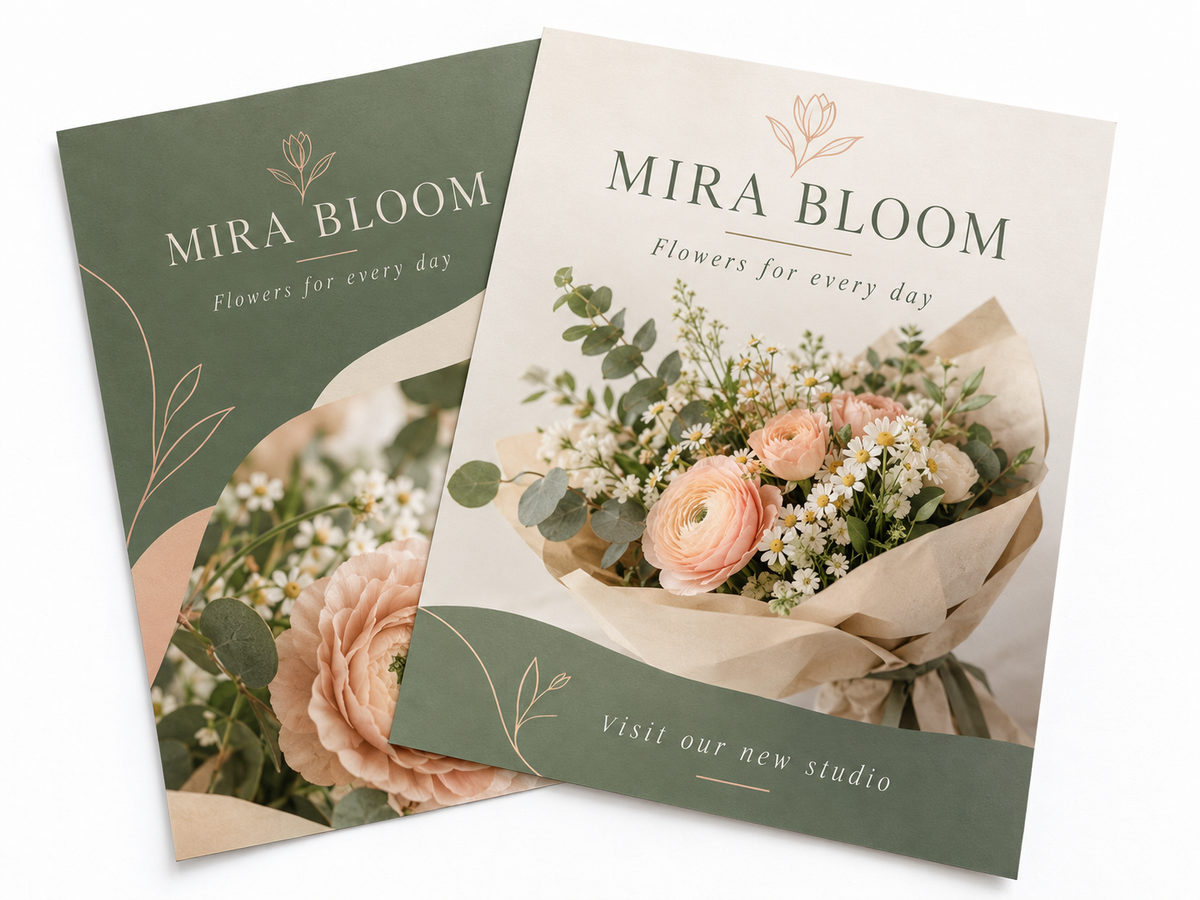 Illustrative design: MIRA BLOOM florist promotional flyer mockup