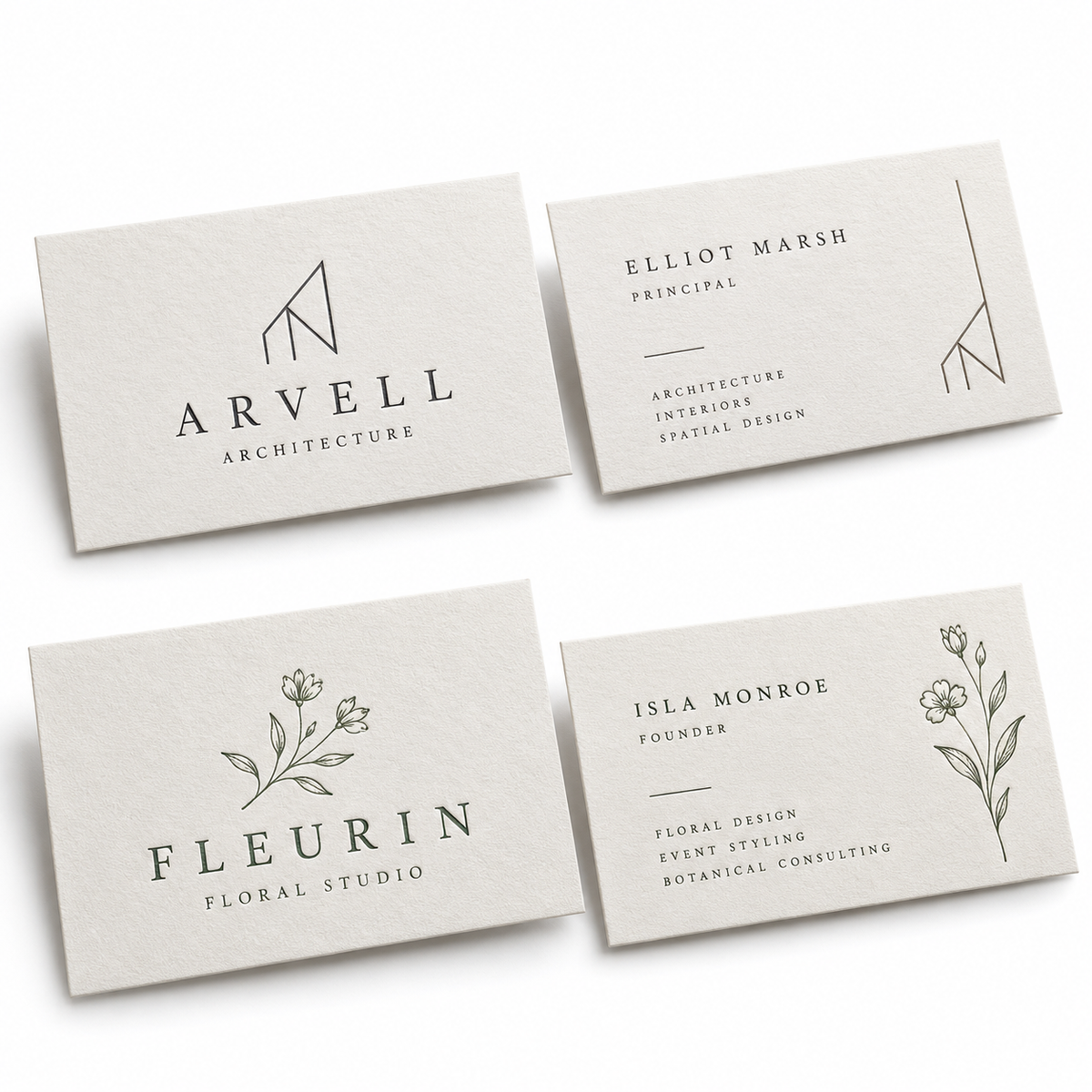 Illustrative letterpress business card design options for two fictional companies on a white background