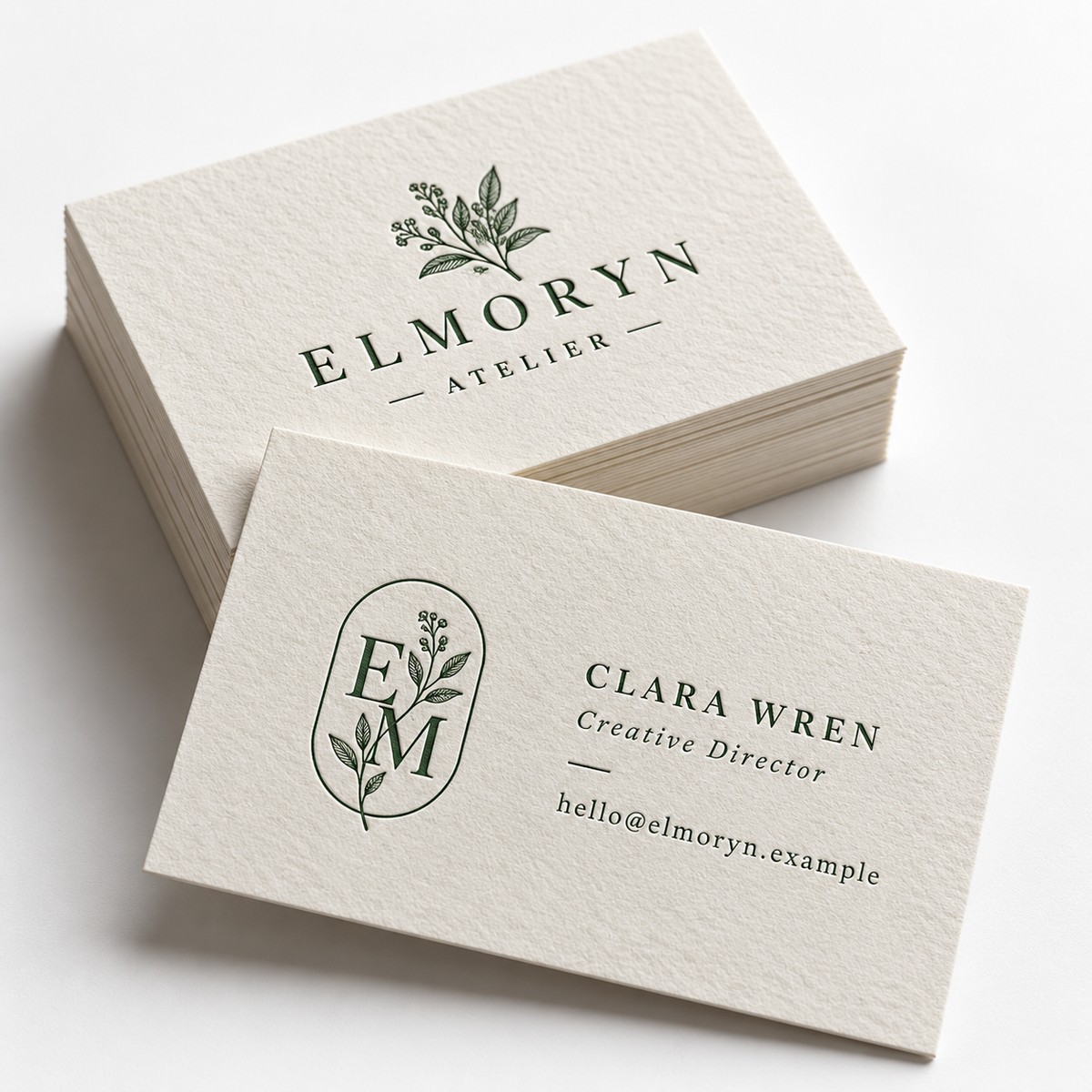 Letterpress business card mockup with fictional Elmoryn Atelier branding