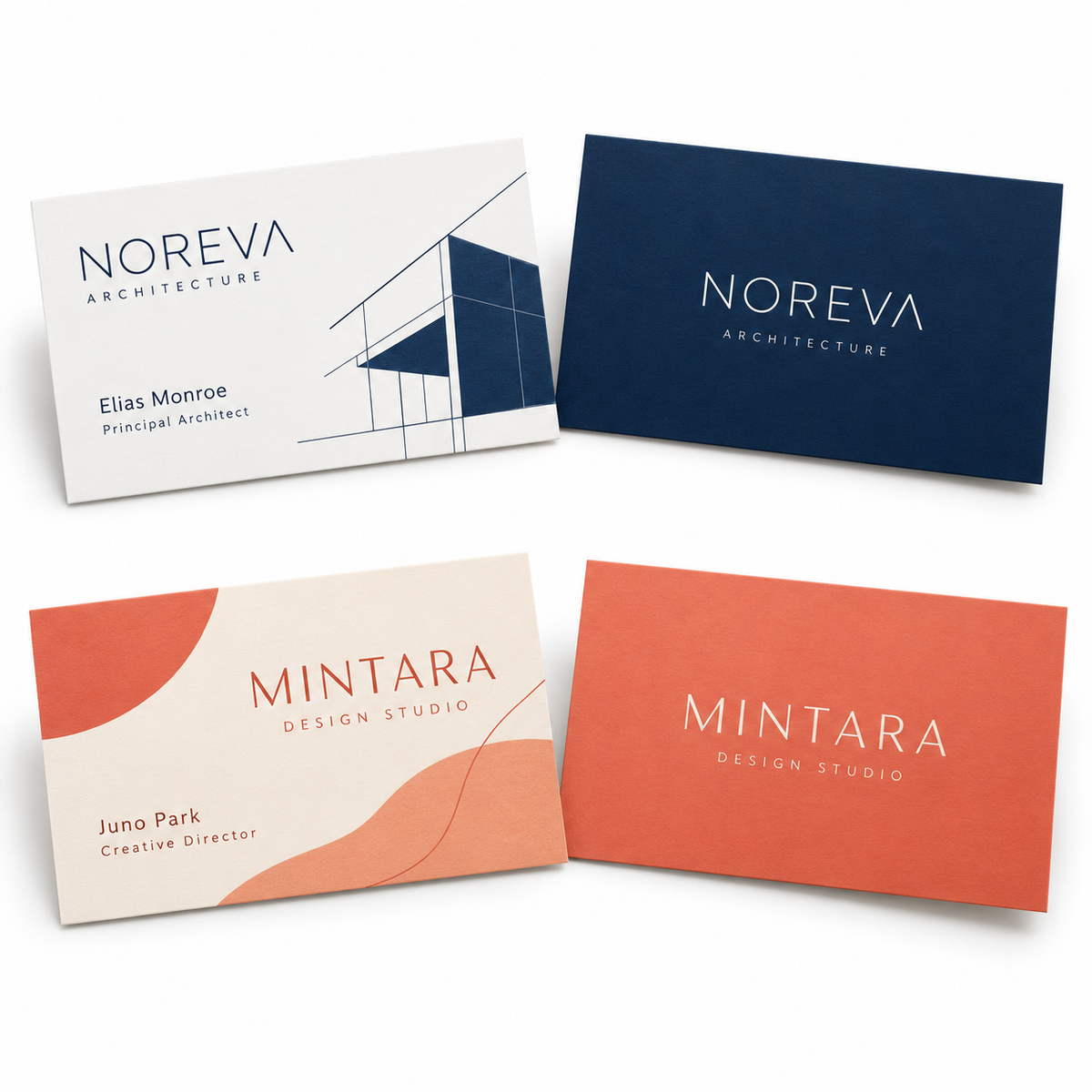 Illustrative standard business card design options for two fictional companies on a white background