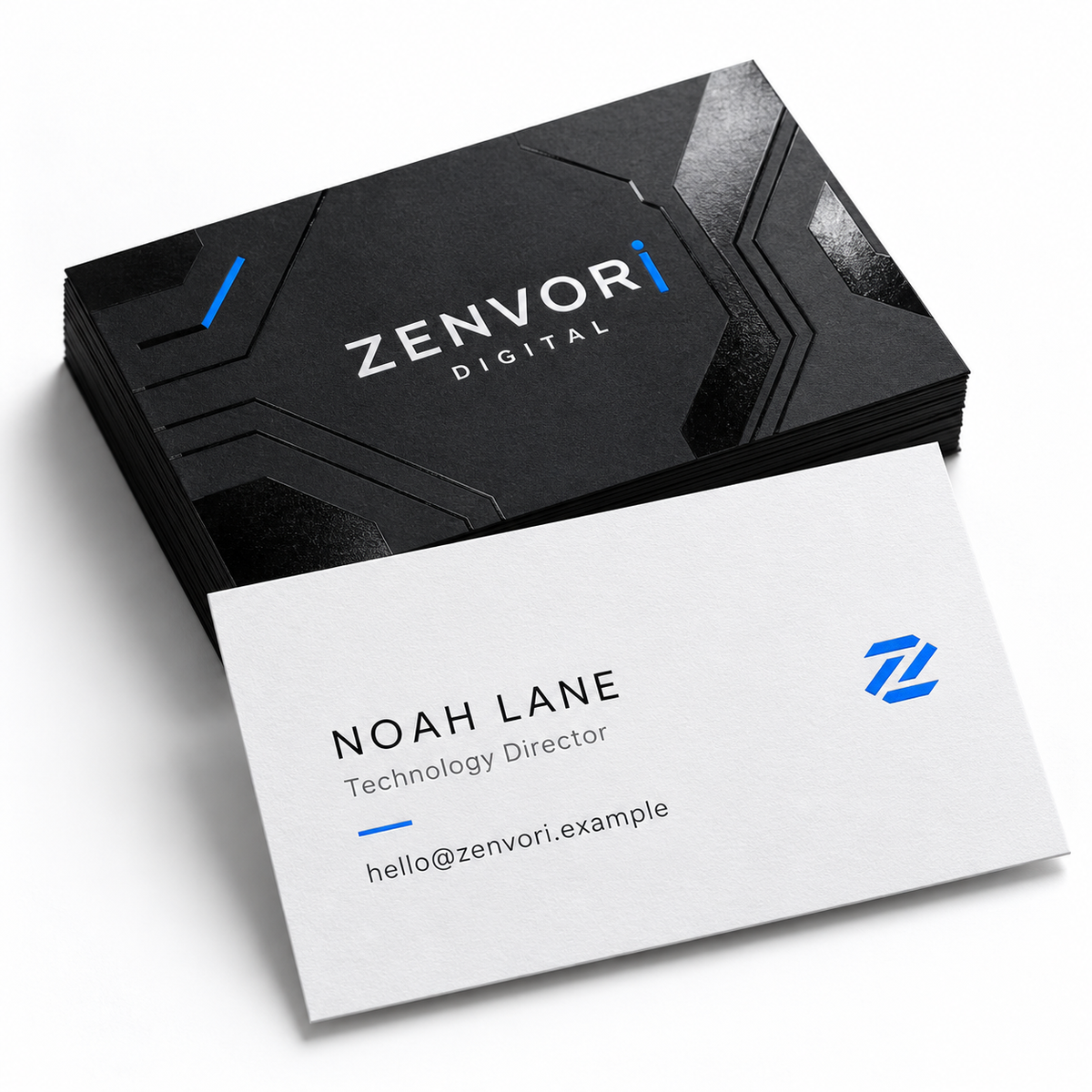 Spot UV business card mockup with fictional Zenvori Digital branding