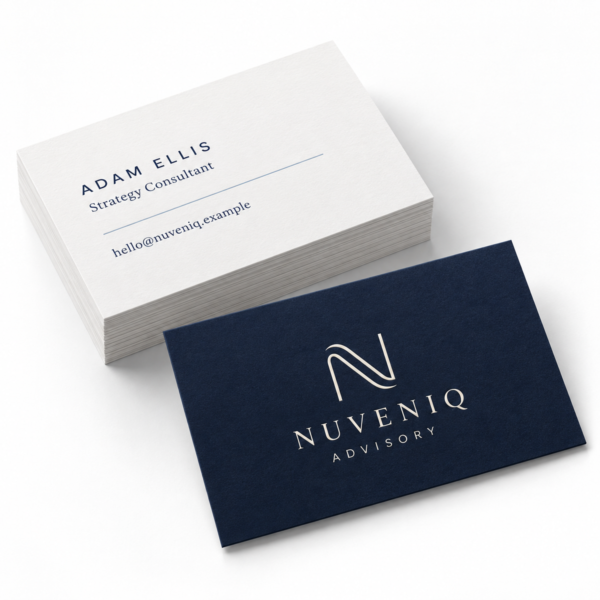 Velvet business card mockup with fictional Nuveniq Advisory branding