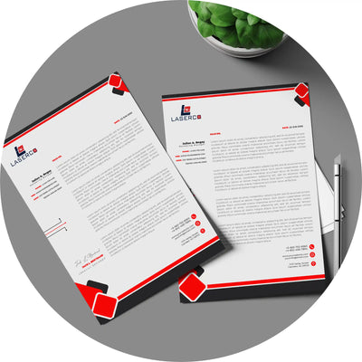 Professional letterhead documents with red and black design elements.