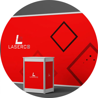 Red and silver display kiosk with ’Laserco’ branding.