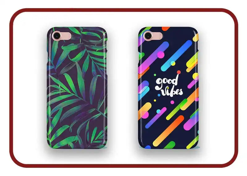 Two iPhone cases featuring tropical palm leaves and colorful diagonal stripes designs.