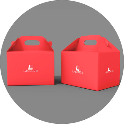 Two red cardboard gable boxes with ’Laserco’ branding.